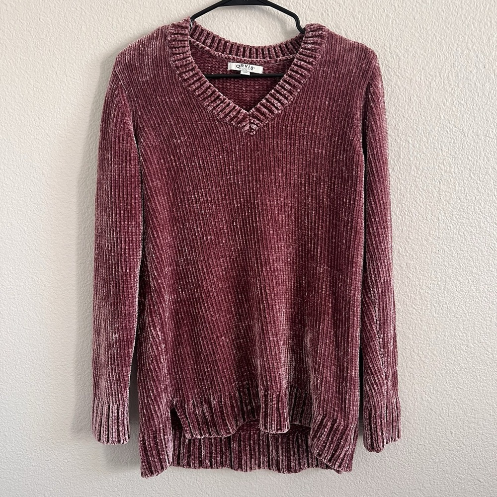 ORVIS Women's Medium Tunic Sweater Knit Plush V-Neck Chunky Knit Pink